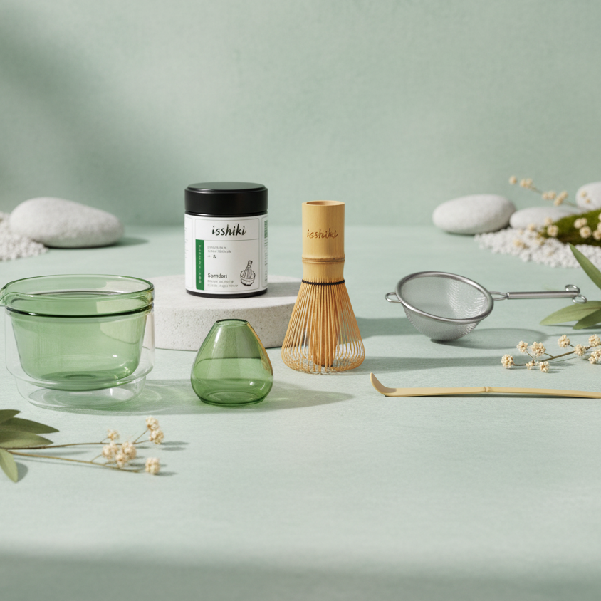 Hands frothing matcha with a bamboo whisk (chasen) alongside an open matcha storage tin, scoop and sifter set, gooseneck electric kettle, and a ribbed glass tumbler.
