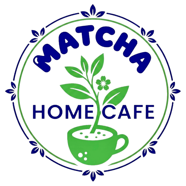 A circular logo for 'Matcha Home Cafe' featuring a green plant sprig rising from a green cup, with the words 'MATCHA HOME CAFE' in blue text, on a white background.